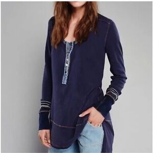 Free People We The Free FP Denim Trim Dallas Henley Long Sleeve Boho Top Size XS